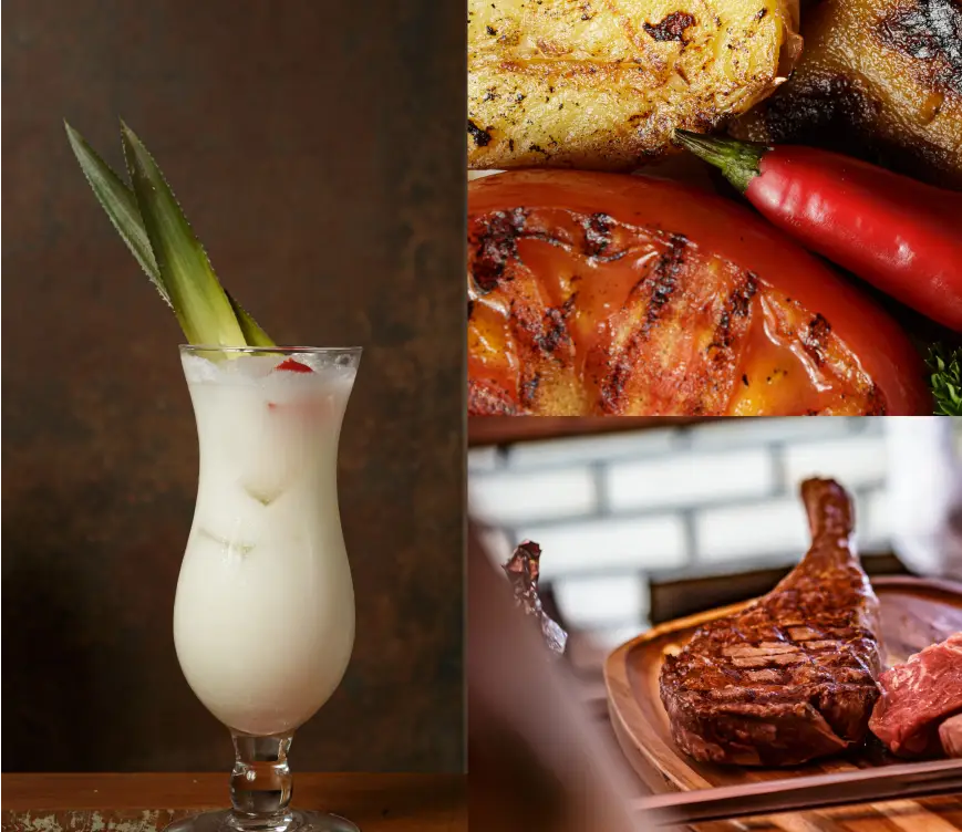 A trio of images from the Libertango menu. Cocktails, steak, side dishes.