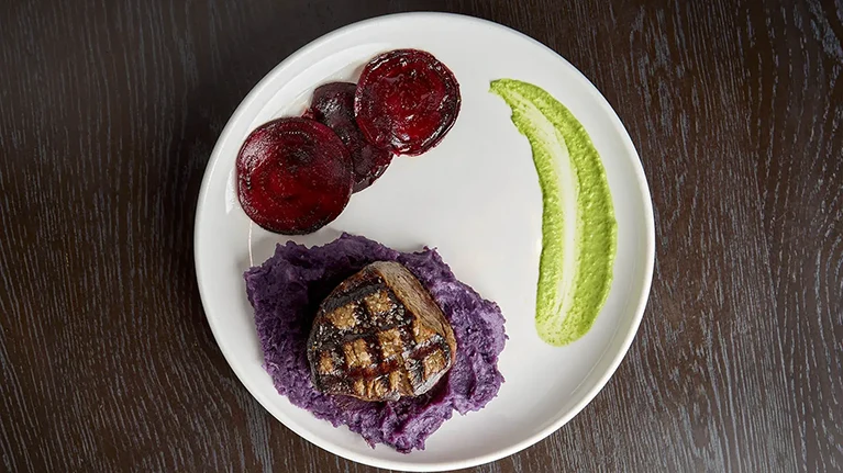 Valentines special: Filet Mignon served over a silky Okinawa Sweet Potato Purée