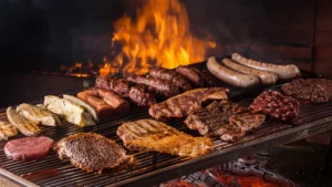 Argentinian asado grill at a Utah steakhouse filled with an assortment of meats, embers glowing parilla